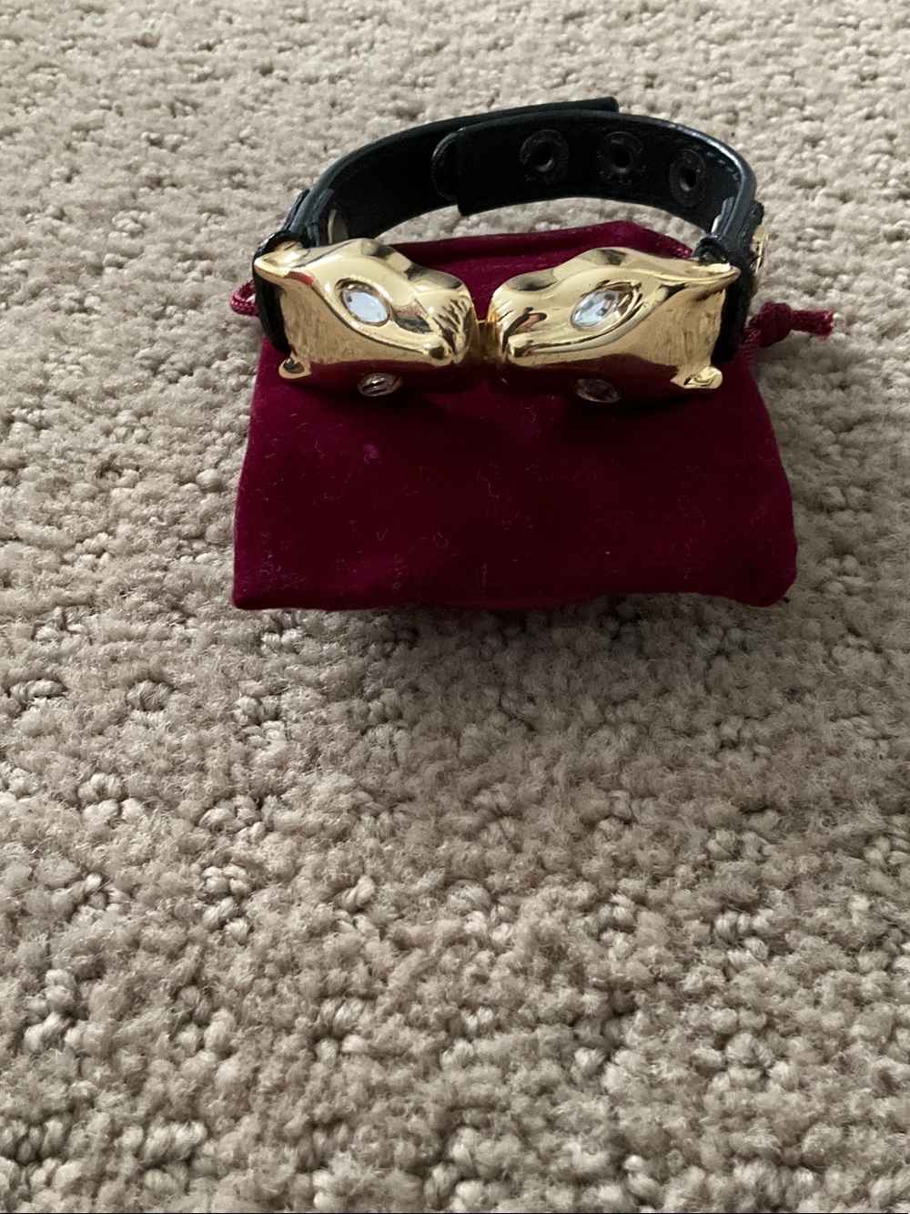 Black A/X Faux Leather Bracelet with Gold Panther Head Accents